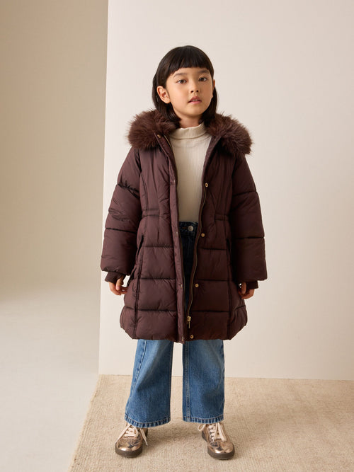 Chocolate Brown Faux Fur Collar Padded Coat (3-16yrs)