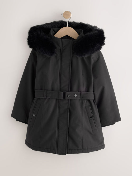 Black Waterproof Belted Padded Coat (3-16yrs)