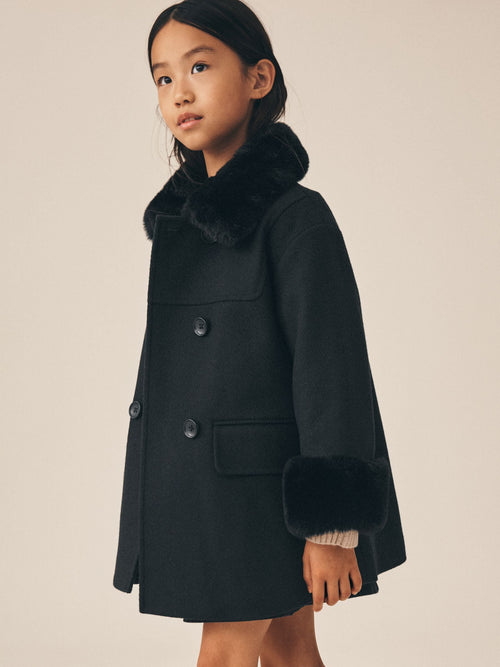 Black Faux Fur Trim Coat With Wool (3-16yrs)