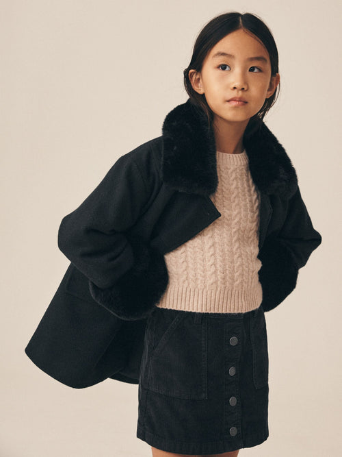 Black Faux Fur Trim Coat With Wool (3-16yrs)