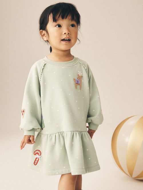 Blue Christmas Reindeer Applique Long Sleeve Sweat Dress (3mths-7yrs)