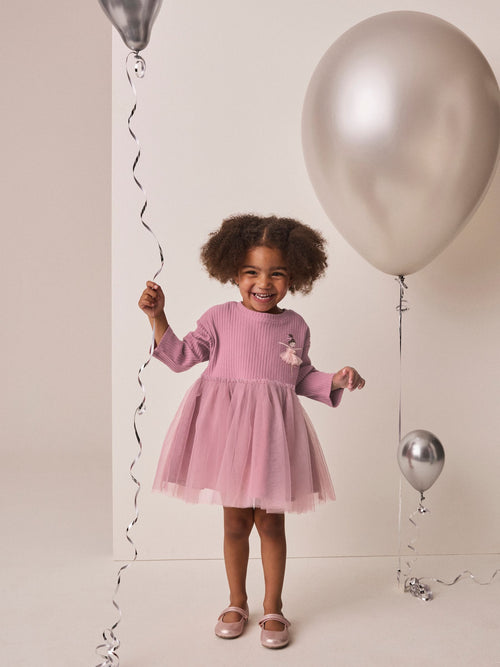 Mauve Purple Fairy Long Sleeve Ribbed Mesh Dress (3mths-7yrs)