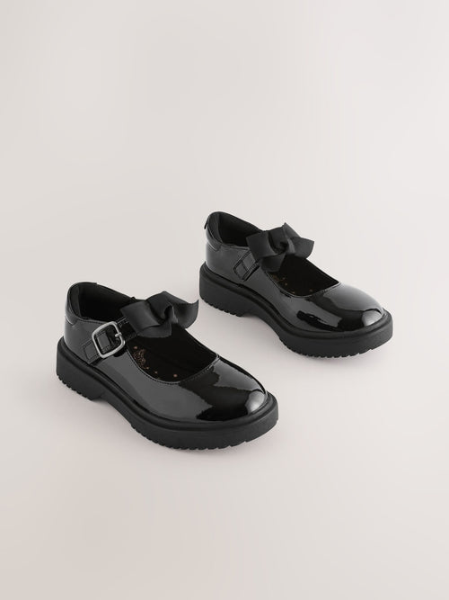 Black Patent Narrow Fit (E) Bow Chunky Mary Jane School Shoes
