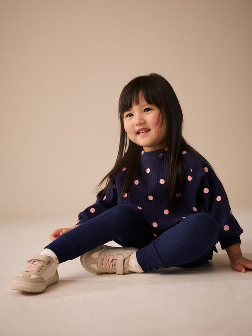 Navy Spot Long Sleeve Ribbed Raglan Top (3mths-7yrs)
