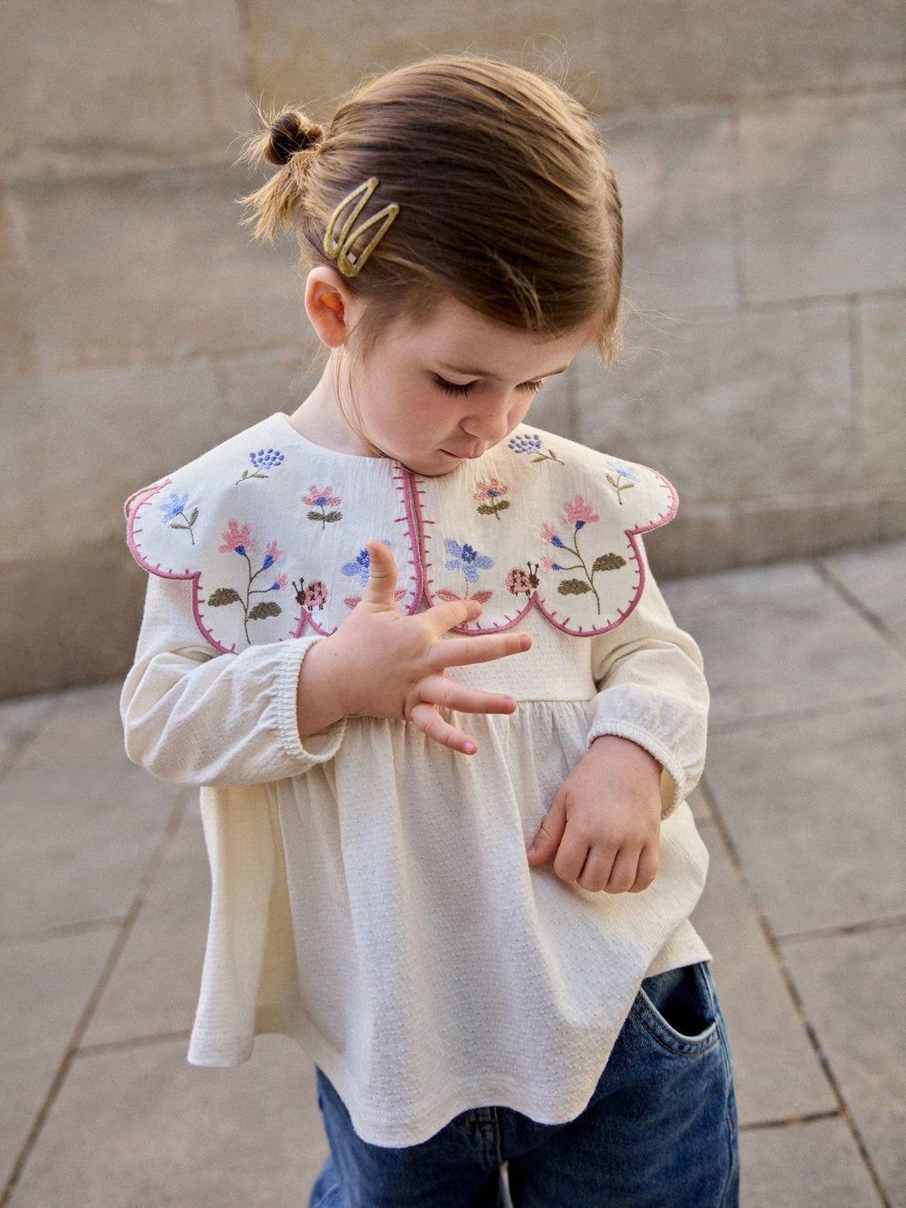 Cream Embroidered Flowers Long Sleeve Collared Blouse (3mths-7yrs)