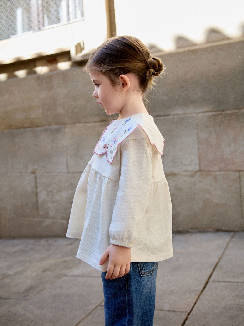 Cream Embroidered Flowers Long Sleeve Collared Blouse (3mths-7yrs)