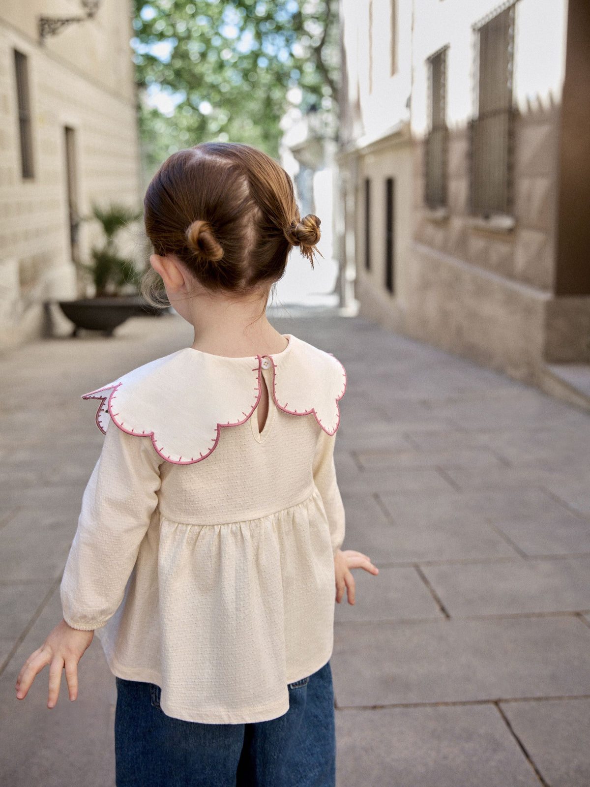 Cream Embroidered Flowers Long Sleeve Collared Blouse (3mths-7yrs)