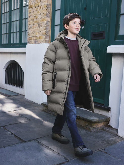 Khaki Green Waterproof Padded Long Line Coat (3-16yrs)