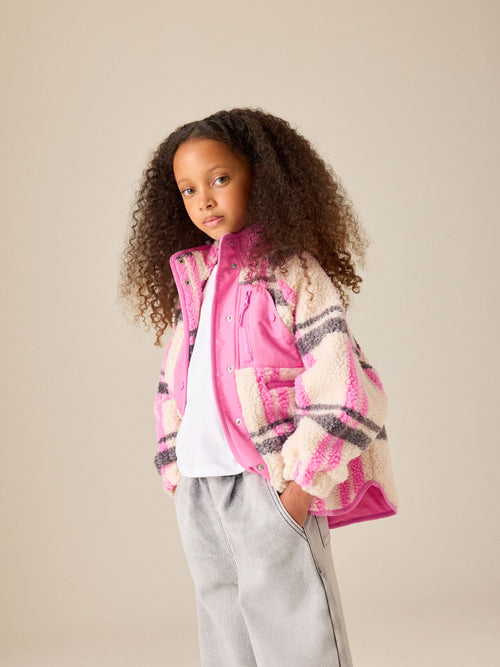 Ecru/Pink Check Button Up Borg Jacket (3-16yrs)
