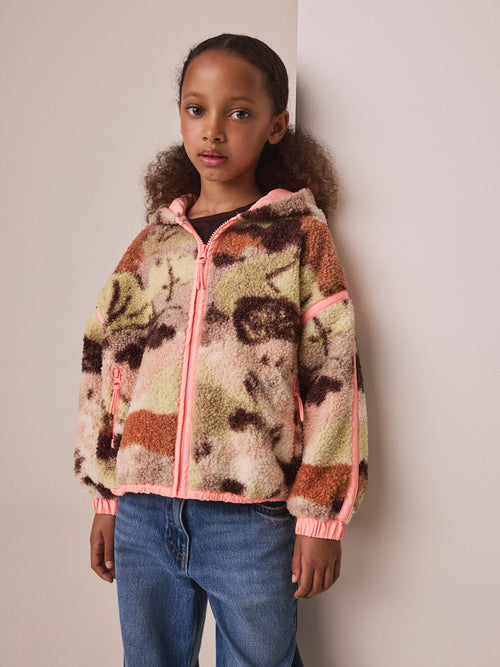 Neutral/Pink Abstract Zip up Hooded Borg Jacket (3-16yrs)