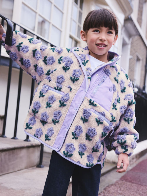 Blue/Cream Floral Button Up Borg Jacket (3-16yrs)