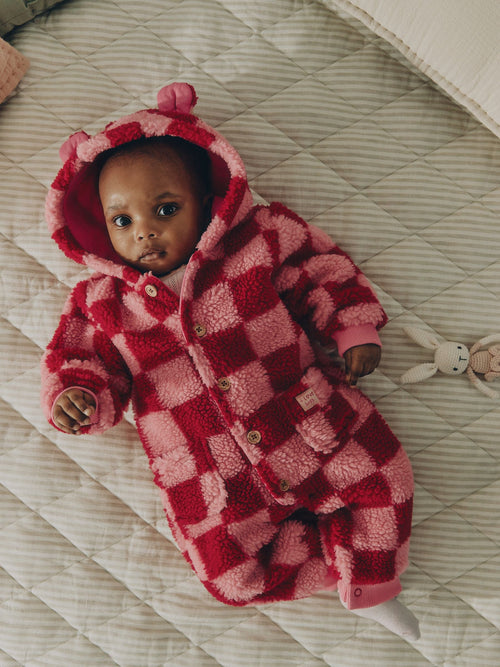 Pink and Red Checkerboard Borg Hooded Baby All-In-One (0mths-2yrs)
