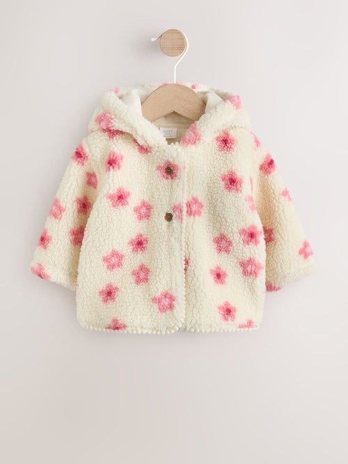 Ecru and Pink Floral Borg Hooded Baby Jacket (0mths-2yrs)