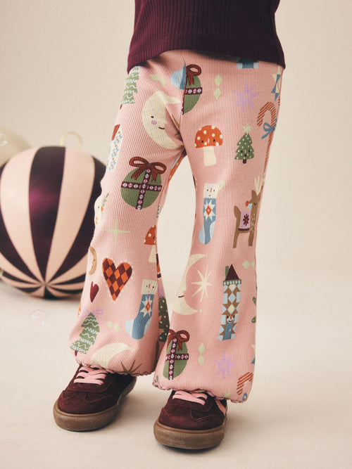 Pale Pink Christmas Ribbed Flare Leggings (3mths-7yrs)
