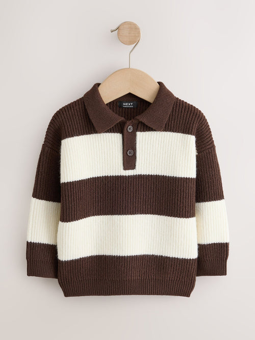 Brown/Cream Knitted Stripe Rugby Polo Shirt (3mths-7yrs)