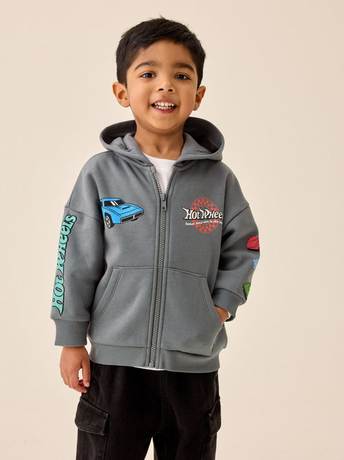 Charcoal Grey Hot Wheels Back Print Zip Up Hoodie (9mths-8yrs)