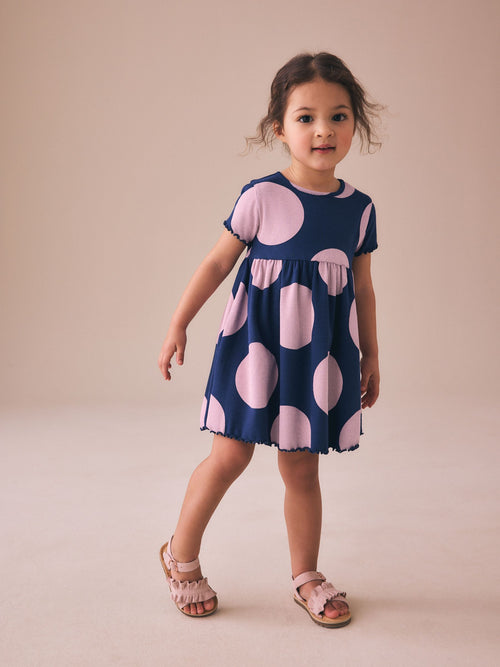 Navy Spot Short Sleeve Ribbed Dress (3mths-7yrs)
