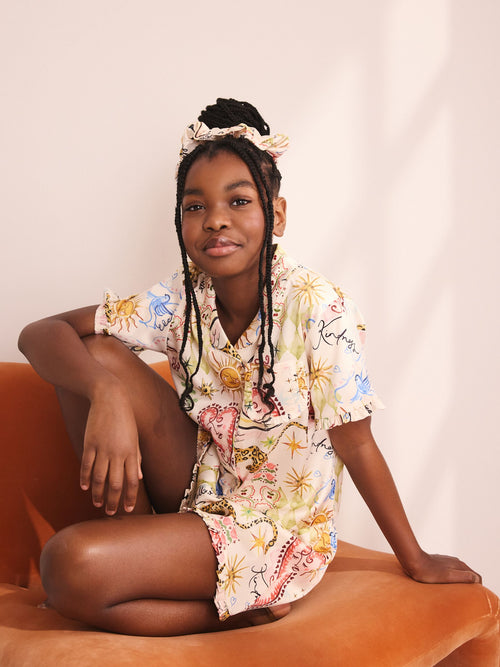 Cream Ecru/ Printed Satin Short Button Through Pyjamas (5-16yrs)