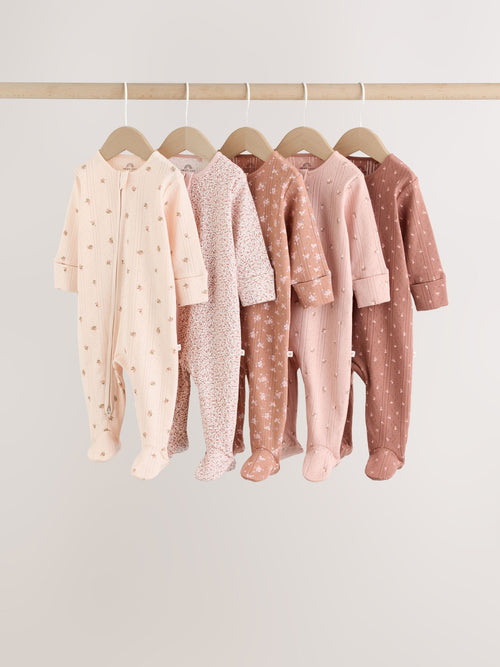 Brown Ditsy Floral 5 Pack Two Way Zip Baby Sleepsuit (0-2yrs)