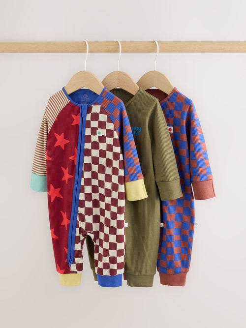 Multi Checkerboard Two Way Zip Baby Sleepsuits 3 Pack (0mths-3yrs)