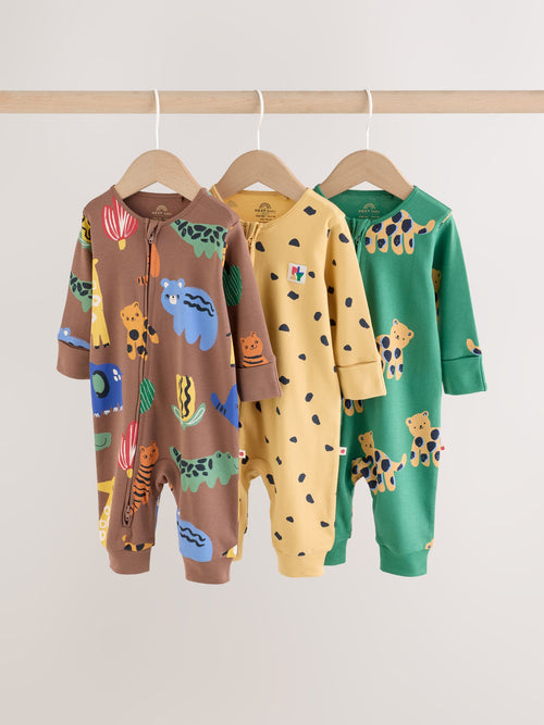 Green/Yellow Safari Two Way Zip Baby Sleepsuits 3 Pack (0mths-3yrs)
