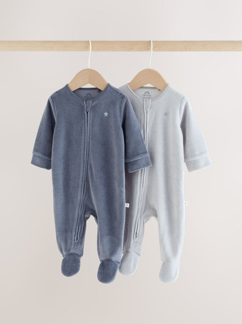 Blue Velour Two Way Zip Baby Sleepsuits 2 Pack (0mths-2yrs)