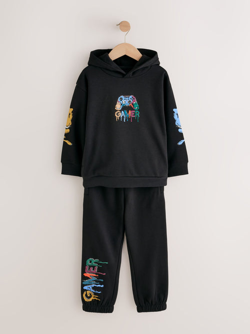 Black Gamer Regular Fit Print Hoodie Joggers Set (3-16yrs)