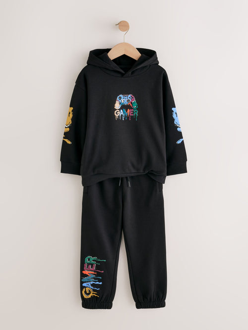 Black Gamer Regular Fit Print Hoodie Joggers Set (3-16yrs)