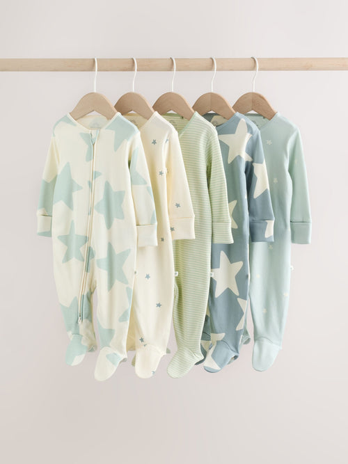 Green Star Two Way Zip Baby Sleepsuits 5 Pack (0-2yrs)