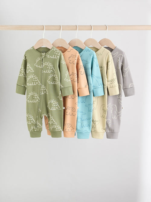 Multi Dino Two Way Zip Baby Sleepsuits 5 Pack (0mths-3yrs)