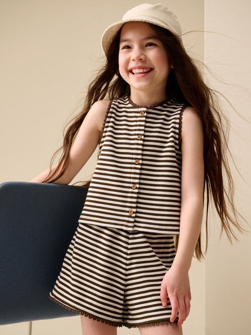 Chocolate Brown Stripe Textured Waffle Waistcoat Shorts Set (3-16yrs)