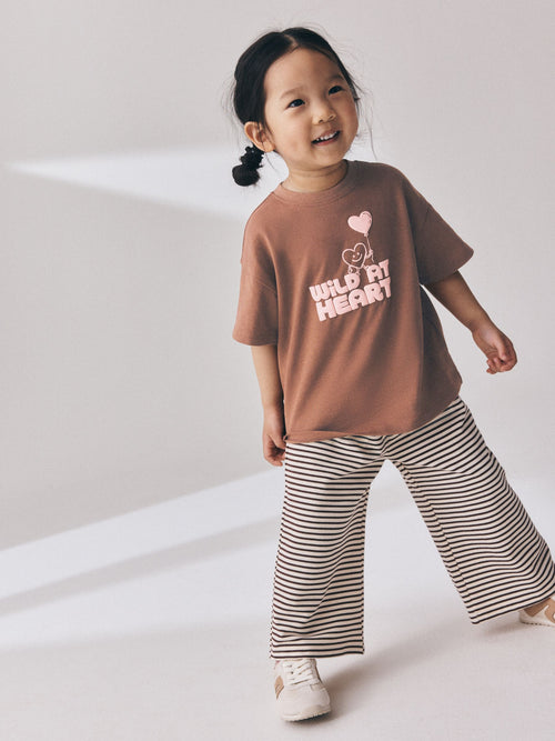 Brown Heart Stripe Short Sleeve T-Shirt and Wide Leg Trousers Set (3mths-7yrs)