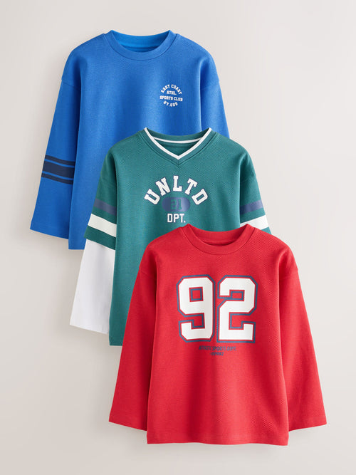 Blue/Red/Green Varsity Graphic Long Sleeve Relaxed Fit T-Shirts 3 Pack (3-16yrs)