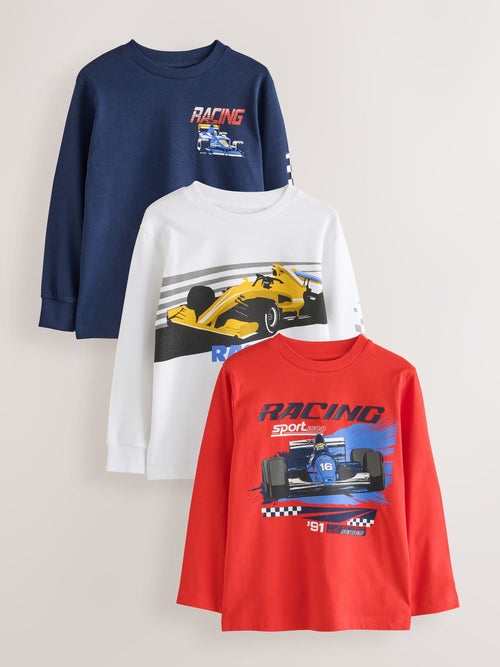 Red/White/Navy Racing Graphic Long Sleeve Relaxed Fit T-Shirts 3 Pack (3-16yrs)