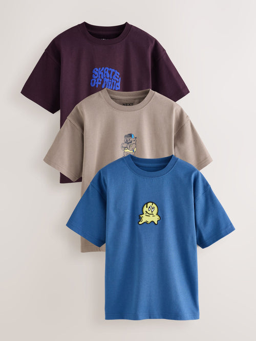Blue/Neutral/Plum Relaxed Fit Graphic Print Short Sleeve T-Shirts 3 Pack (3-16yrs)