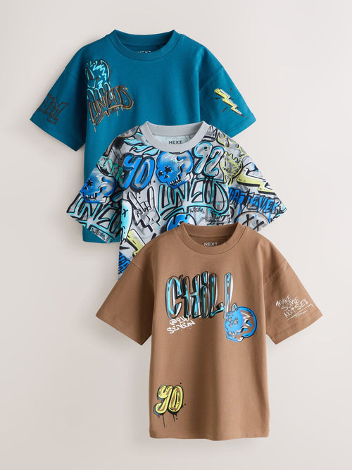 Blue/Grey/Tan Relaxed Fit Graphic Print Short Sleeve T-Shirts 3 Pack (3-16yrs)