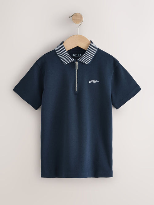 Navy Zip Neck Short Sleeve Jersey Polo Shirt (3-16yrs)
