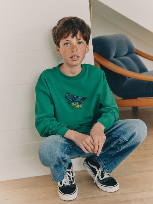 Green Skate Embroidery Relaxed Fit Graphic Long Sleeve Cotton T-Shirt (3-16yrs)