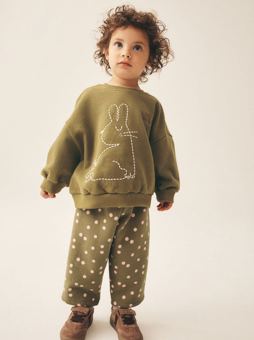 Khaki Green Bunny Crew Neck Sweatshirt and Barrel Trousers Set (3mths-7yrs)