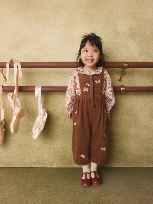 Brown Butterfly Embroidered Cord Dungaree and Blouse set (3mths-7yrs)