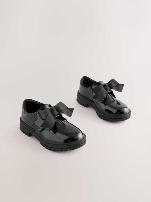 Black Patent Wide Fit (G) Bow Monkstrap Chunky School Shoes