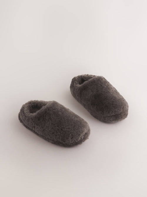 Grey Fluffy Warm Lined Slipper Mules