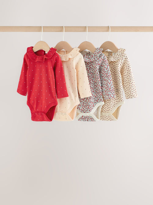 Red Ditsy Floral Baby Long Sleeve Frill Bodysuits 4 Pack (0mths-2yrs)