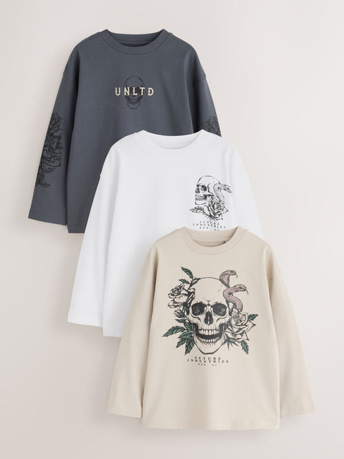 Grey/White/Cement Graphic Long Sleeve Relaxed Fit T-Shirts 3 Pack (3-16yrs)