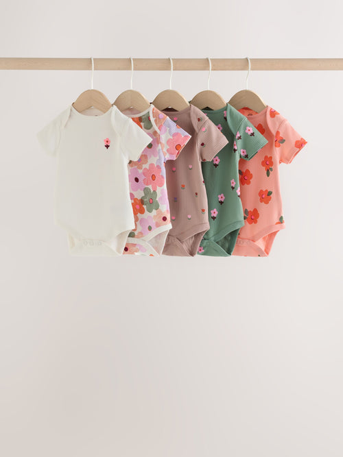 Orange Floral Short Sleeve Baby Bodysuit 5 Pack
