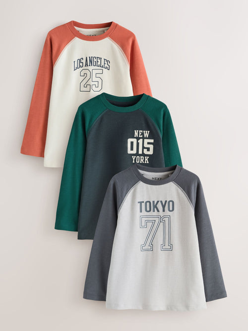 Raglan Graphic Long Sleeve Relaxed Fit T-Shirts 3 Pack (3-16yrs)