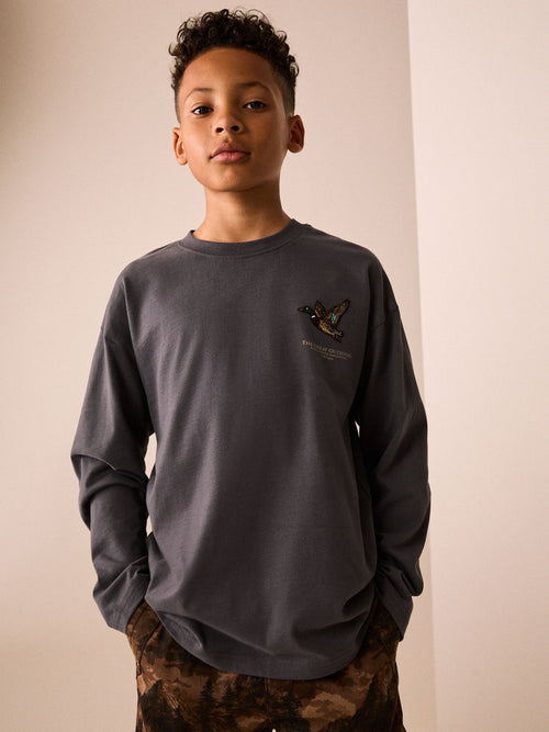 Charcoal Grey Relaxed Fit Graphic Long Sleeve Cotton T-Shirt (3-16yrs)