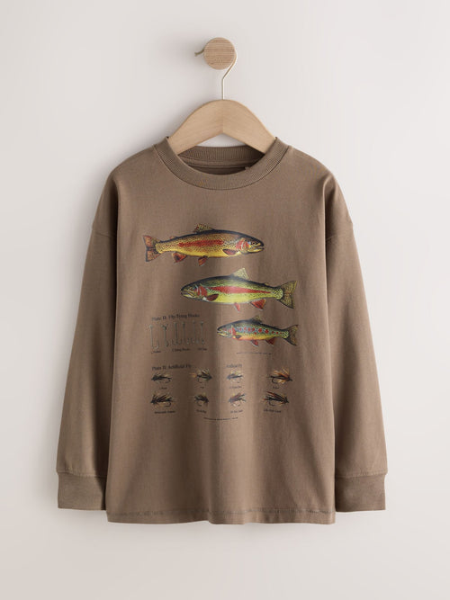 Mink Brown Fish Relaxed Fit Graphic Long Sleeve Cotton T-Shirt (3-16yrs)