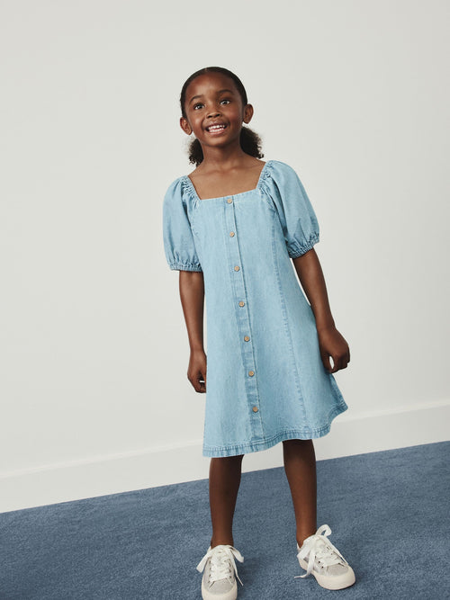 Denim Puff Sleeve Button Through Dress (3-16yrs)