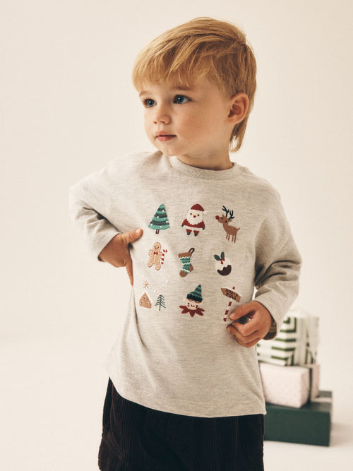 Cream Embroidered Long Sleeve Christmas T-Shirt (3mths-7yrs)